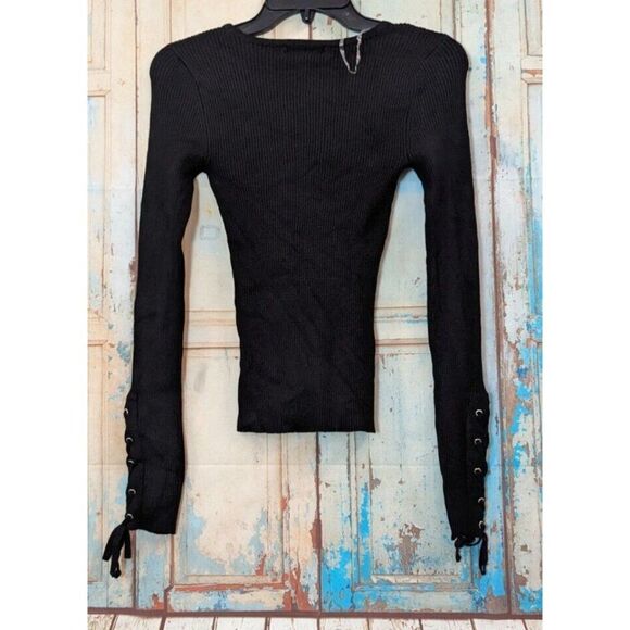 Hooked Up By IOT Juniors Size XS Lace Up Wrist Rib Knit Sweater Black Stretch - Picture 6 of 9